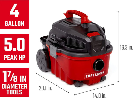 Craftsman 2027722 4 gal 120V 5 HP Corded Wet & Dry Vacuum, Black & Red