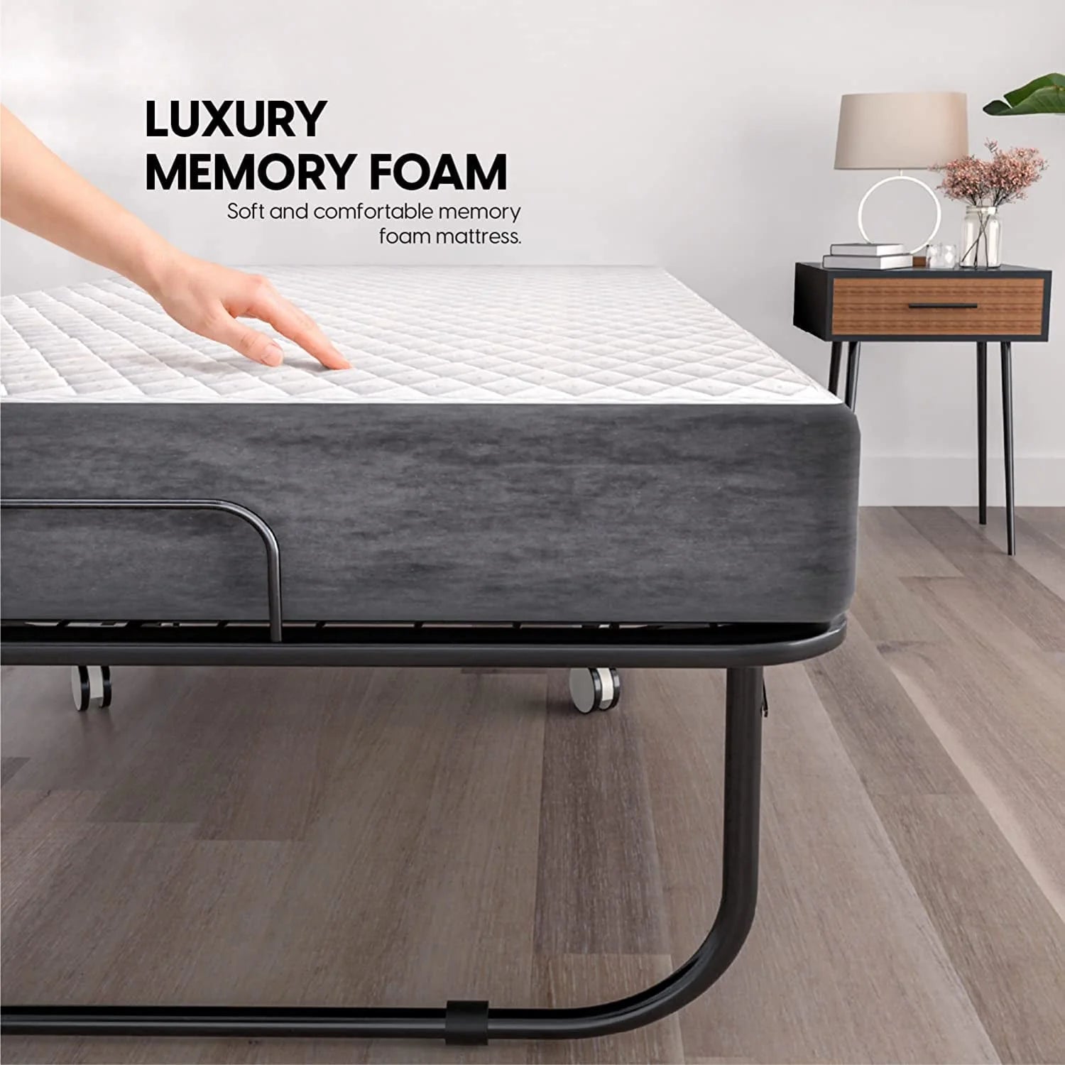 EconoHome Folding Bed with Mattress - 75x31 Cot Size Bed Frame - Portable Foldable Roll Away Adult Bed for Guest - 5-inch Thick Memory Foam Cot Mattress - Space Saving Fold Up Bed for Easy Storage