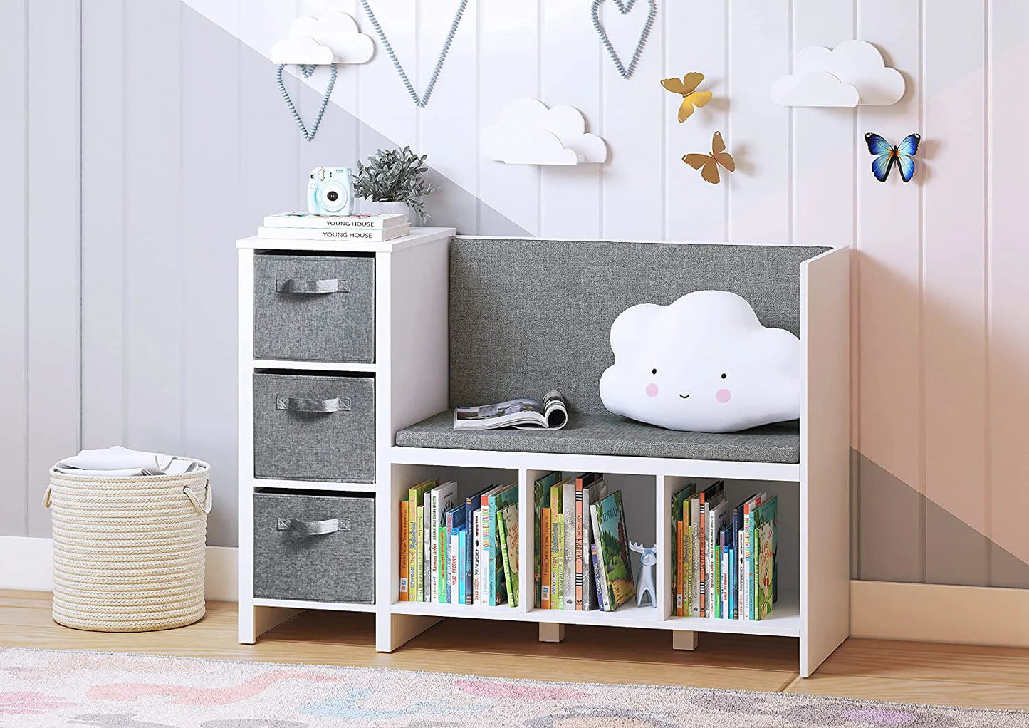 UTEX Kids Bookcase with Reading Seat, 6-Cubby Kids Toy Storage Organizer with Bins, Kids Bookshelf and Storage for Boys and Girls, White