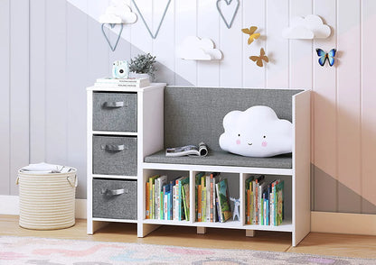 UTEX Kids Bookcase with Reading Seat, 6-Cubby Kids Toy Storage Organizer with Bins, Kids Bookshelf and Storage for Boys and Girls, White