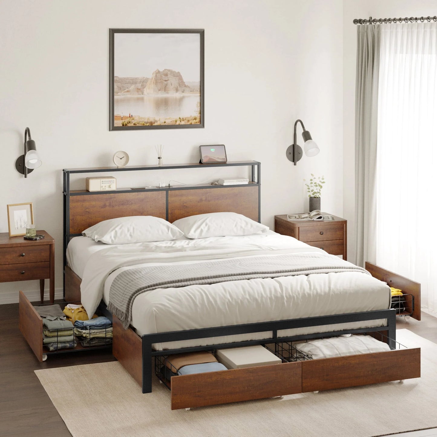 HAUSOURCE Queen Size Bed Frame with Headboard and 4 Storage Drawers LED Platform Bed Frame with Charging Station Rustic Brown