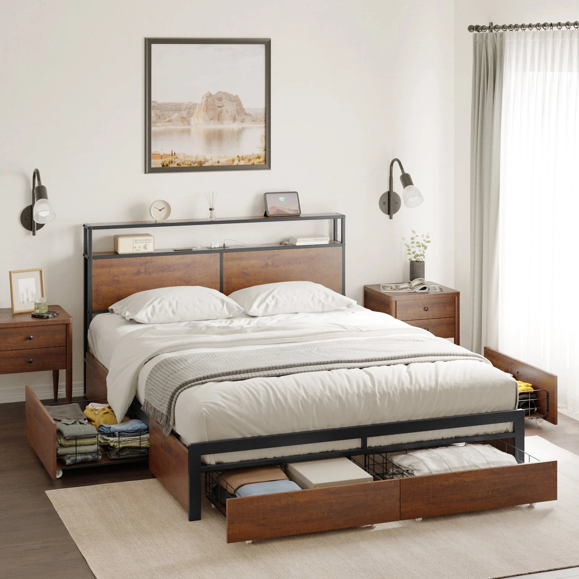 HAUSOURCE Queen Size Bed Frame with Headboard and 4 Storage Drawers LED Platform Bed Frame with Charging Station Rustic Brown