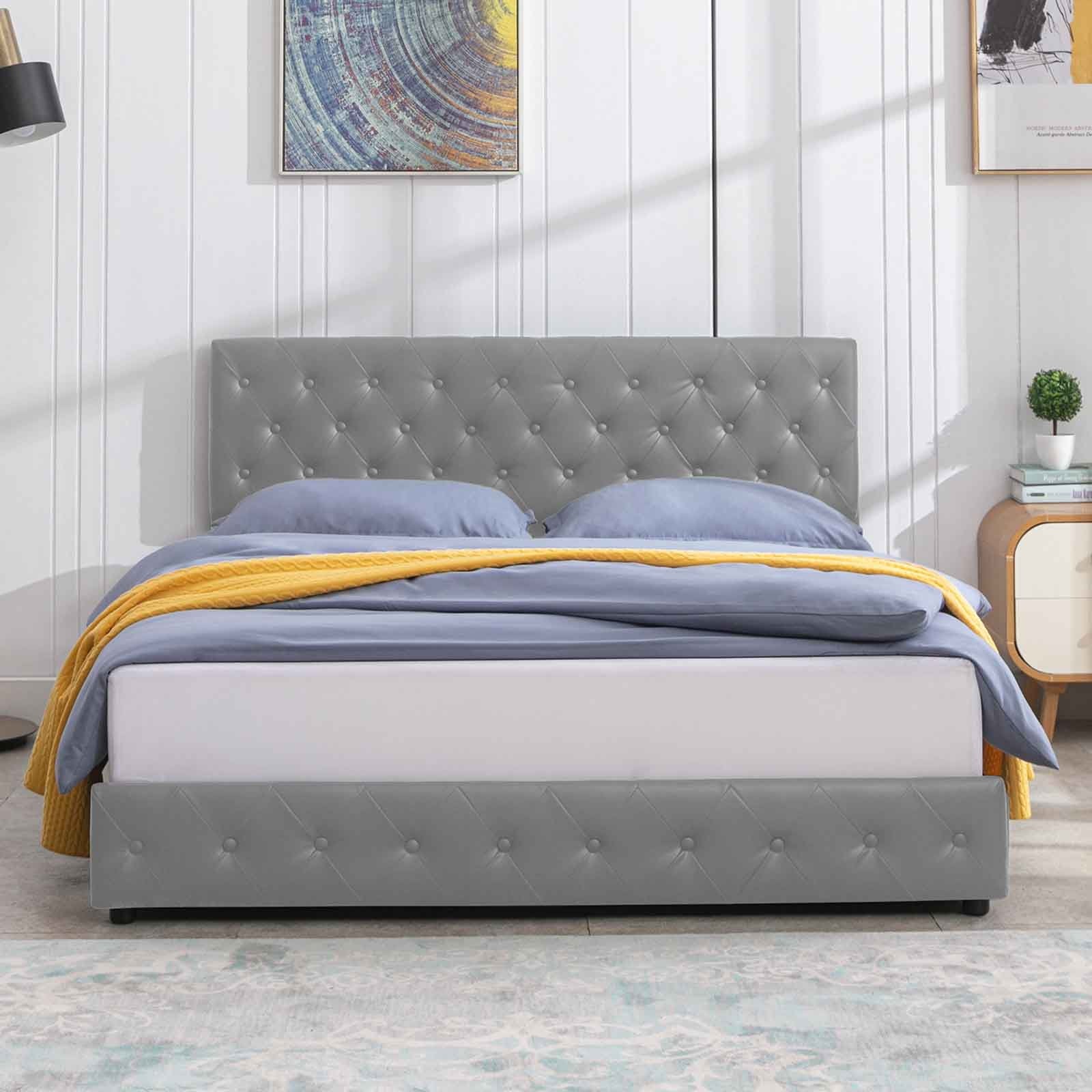 Cecer King Size Upholstered Platform Bed Frame with 4 Storage Drawers, PU Leather Modern Bed Frame with Adjustable Headboard, Easy Assembly Grey