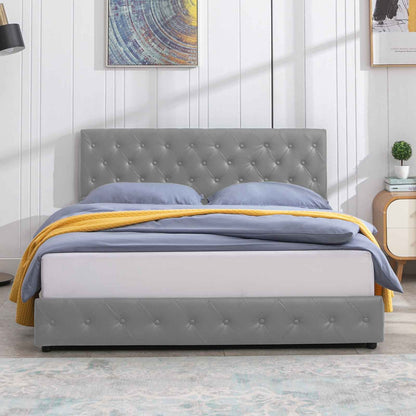 Cecer King Size Upholstered Platform Bed Frame with 4 Storage Drawers, PU Leather Modern Bed Frame with Adjustable Headboard, Easy Assembly Grey