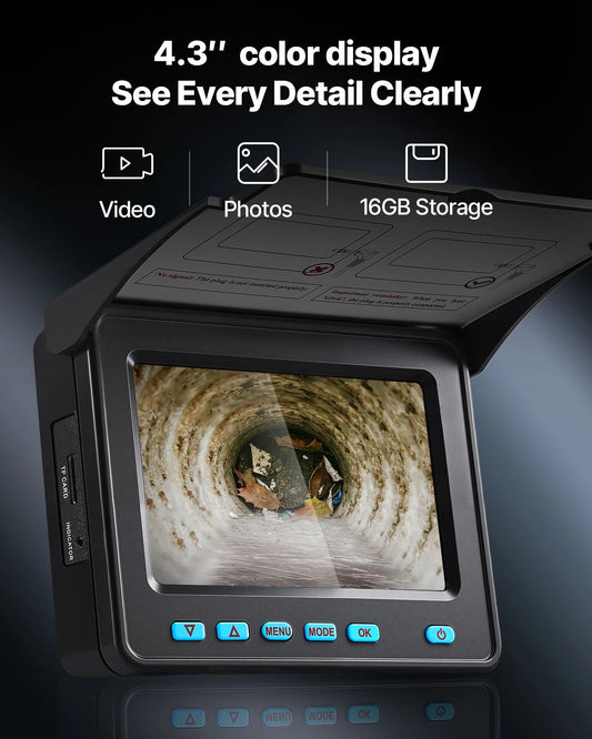 VEVOR Sewer Camera, 164 ft/50m, 4.3" Drain Inspection Camera, IP68 Waterproof Snake Plumbing Camera with Lights - 6 Adjustable LEDs, 4500mAh Battery & 16GB Card for Sewer Line Duct Pipes