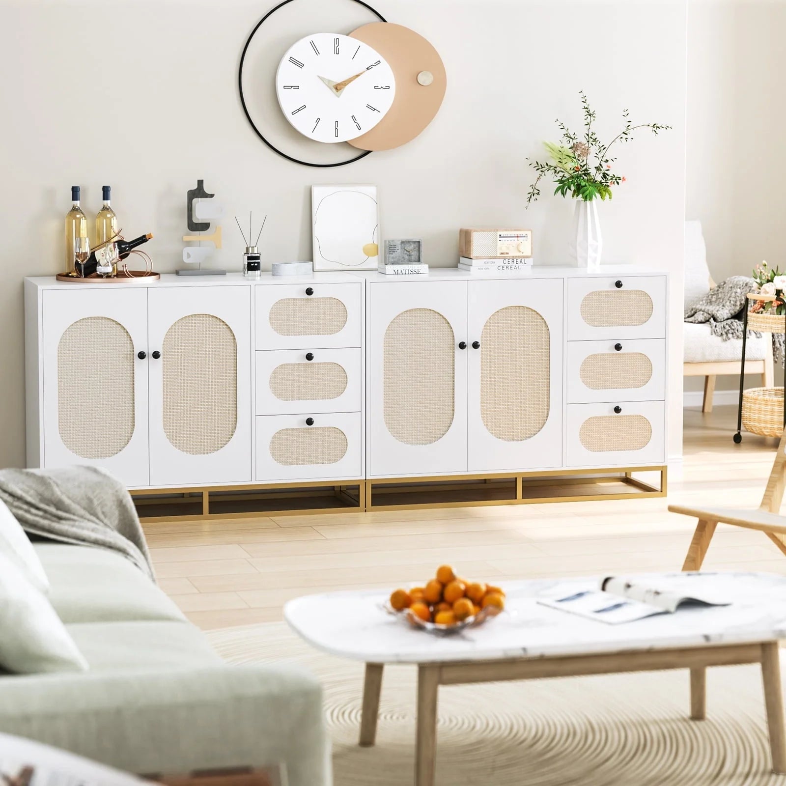 Homfa 3 Drawers Accent Storage Cabinet, 34.2"H Gold Buffet Sideboard with Rattan Doors for Living Room, White