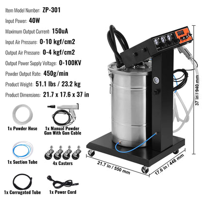 KFFKFF Powder Coating System, 40W Electrostatic Spray Spraying Gun Paint System With 50L Powder Hopper, 450g Per Minute Powder Coating Machine with Spray Gun and Trolley Base