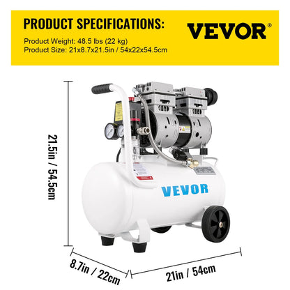 Ultra Quiet Air Compressor 6.6 Gallon 1 HP Oil Free Compressor 115 PSI