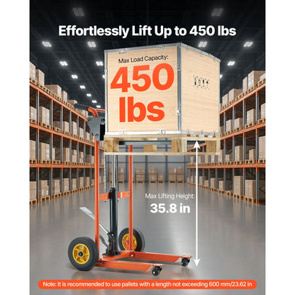 KFFKFF Hydraulic Material Lift Stacker, 450 lbs Capacity, Pallet Truck with Fork Lift Table, 35.8-Inch Max Height, Foldable & Portable Table Cart, Yellow & Black