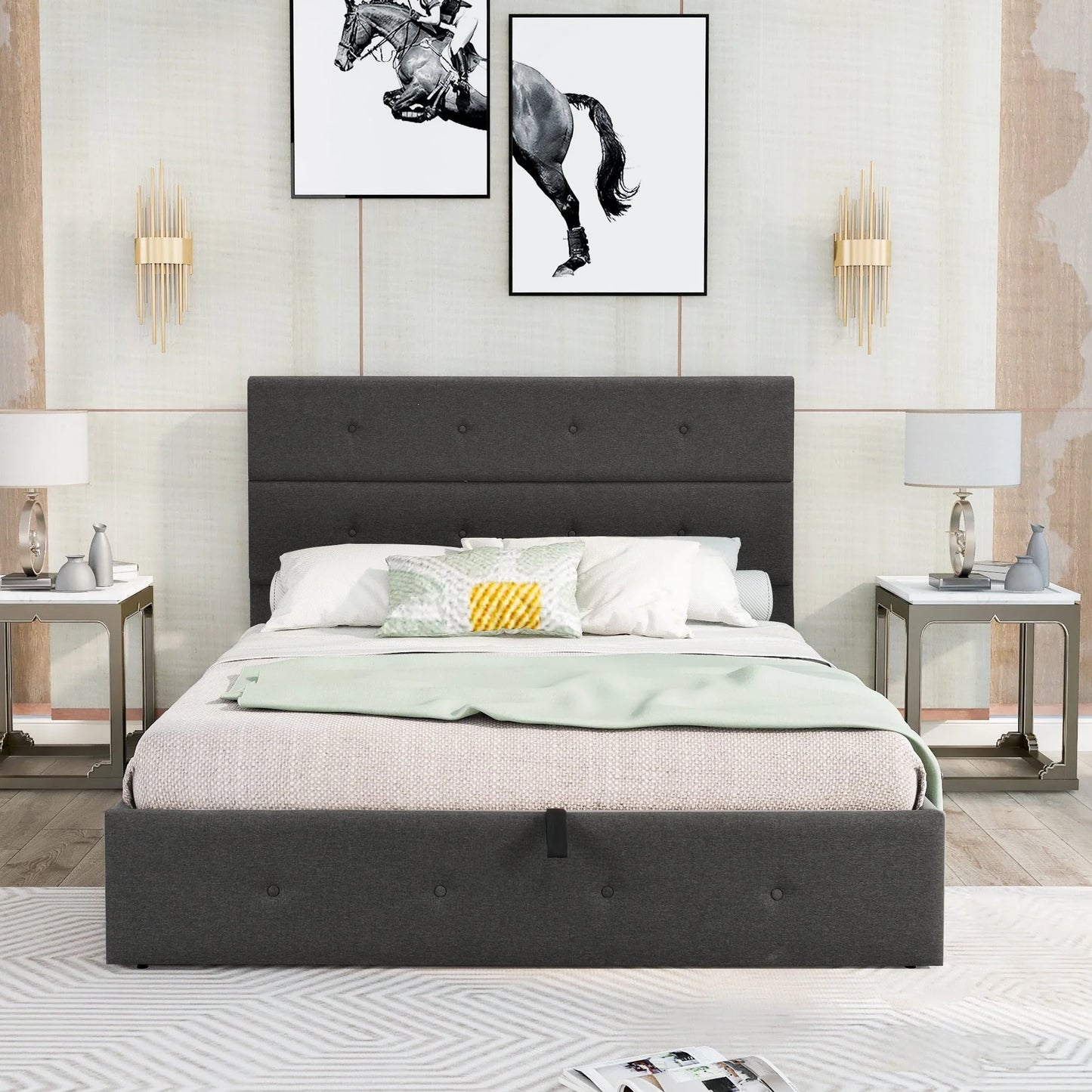 Euroco Queen Size Platform Bed with Underneath Storage, Upholstered, Gray