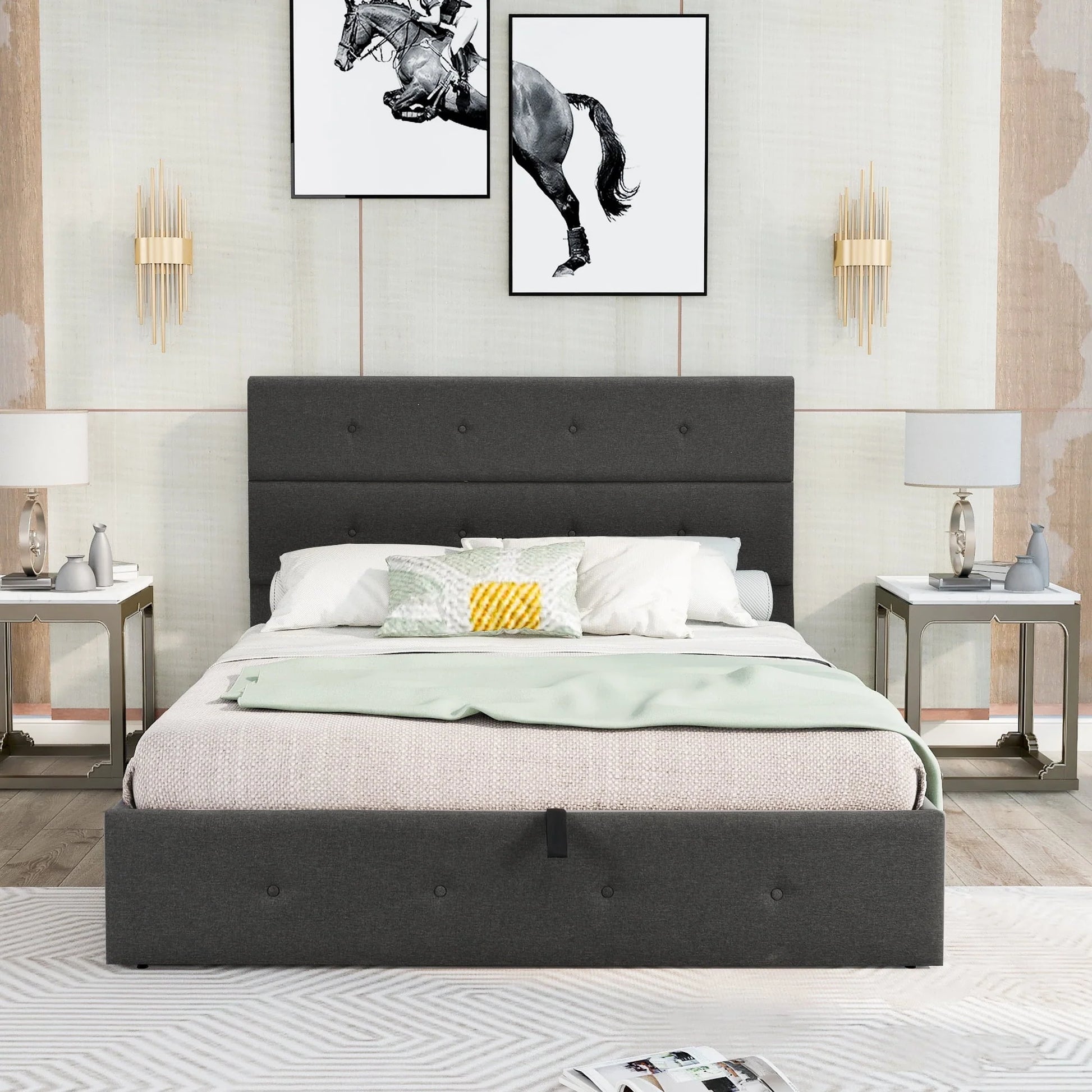 Euroco Queen Size Platform Bed with Underneath Storage, Upholstered, Gray