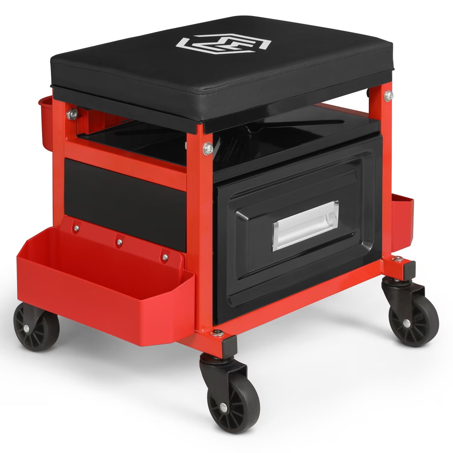 M-AUTO Adjustable Rectangular Roller Tool Box Padded Chair with Storage Tool Tray & Cabinet, 350 lbs Capacity with Casters - Red