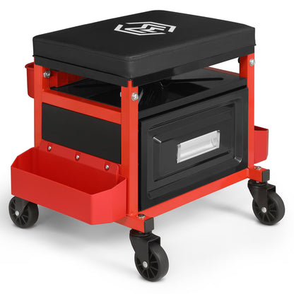 M-AUTO Adjustable Rectangular Roller Tool Box Padded Chair with Storage Tool Tray & Cabinet, 350 lbs Capacity with Casters - Red