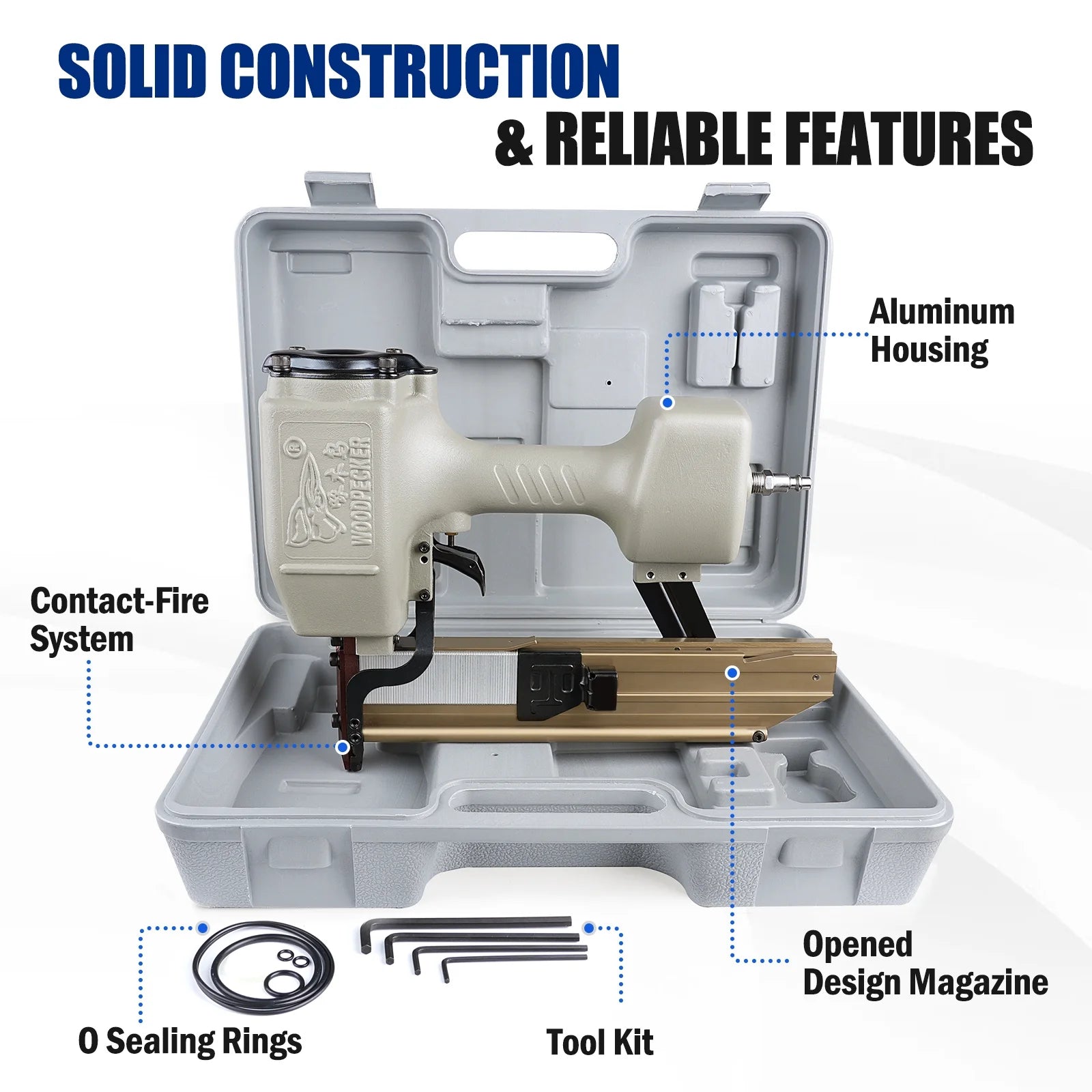 WOODPECKER N851 16GA Pneumatic Heavy Wire Stapler, 1''to 2'' Length,7/16'' Medium Crown Safety Construction