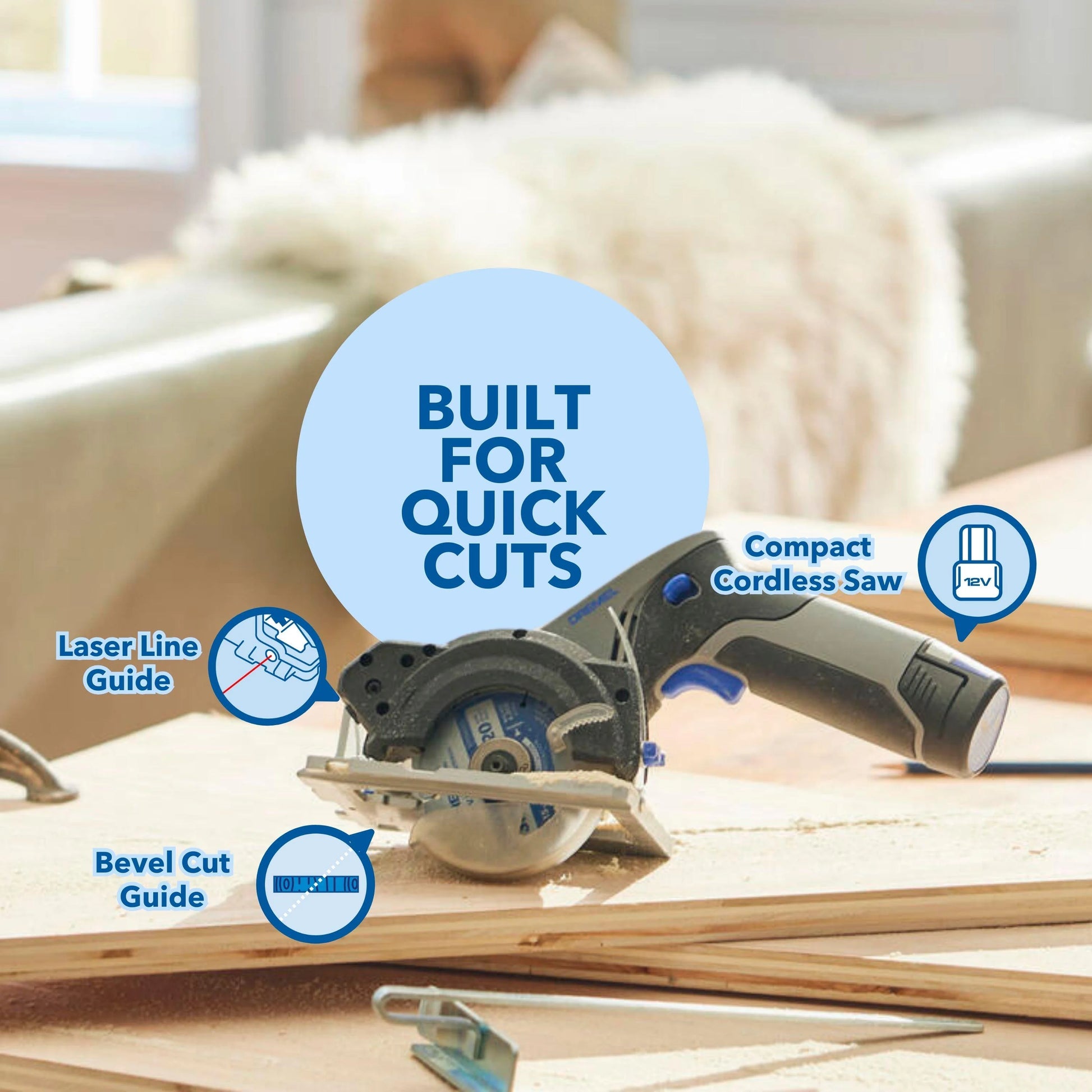 Dremel Blueprint 12V Compact Circular Saw with Integrated Laser Guide, 2Ah Li-Ion Battery and 3 3/8"Multi Material Blade (CS12V-S1)