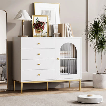 Homfa 4 Drawer Storage Cabinet, Modern Wooden Cupboard with Frosted Glass for Living Room, White Finish