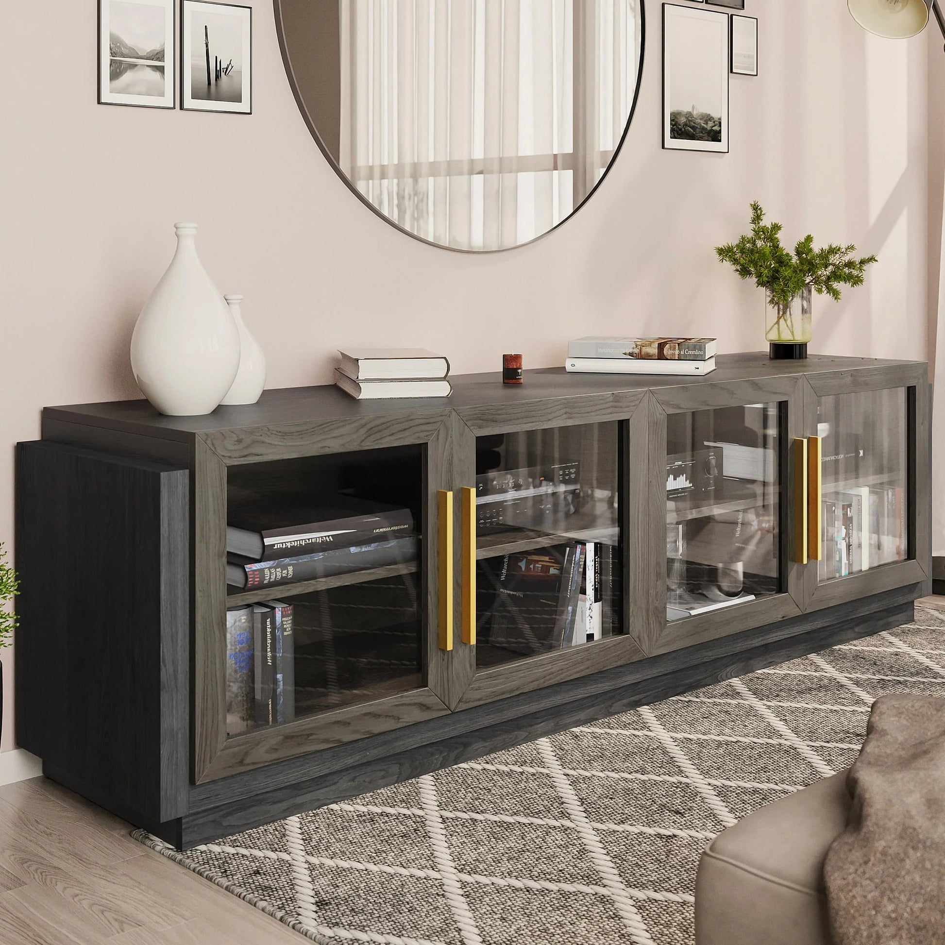 BELLEZE 70" TV Stand for TVs up to 75", Modern TV Stand & Entertainment Center with Shelves, Wood Storage Cabinet for Living Room or Bedroom - Brixston (Brown)