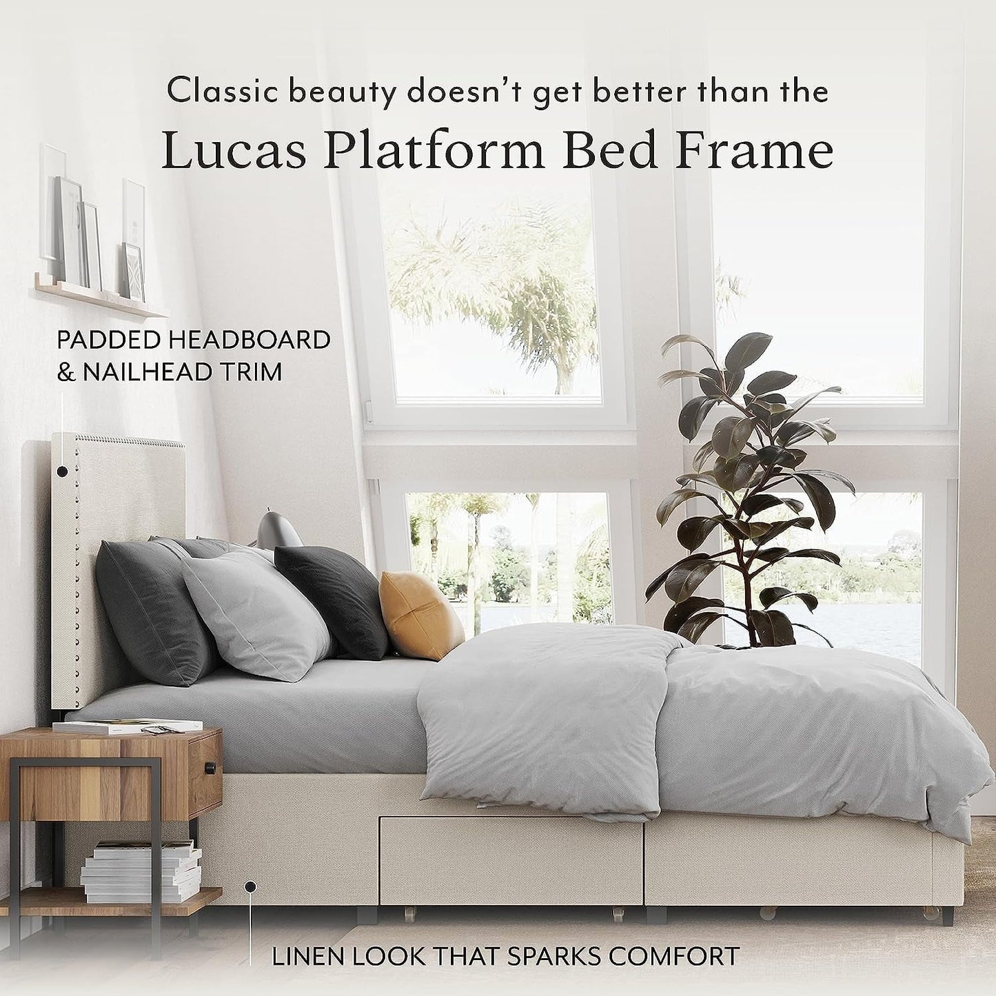 DG Casa Lucas Nailhead Trim Upholstered Platform Bed Frame with Storage, Queen Size, Beige