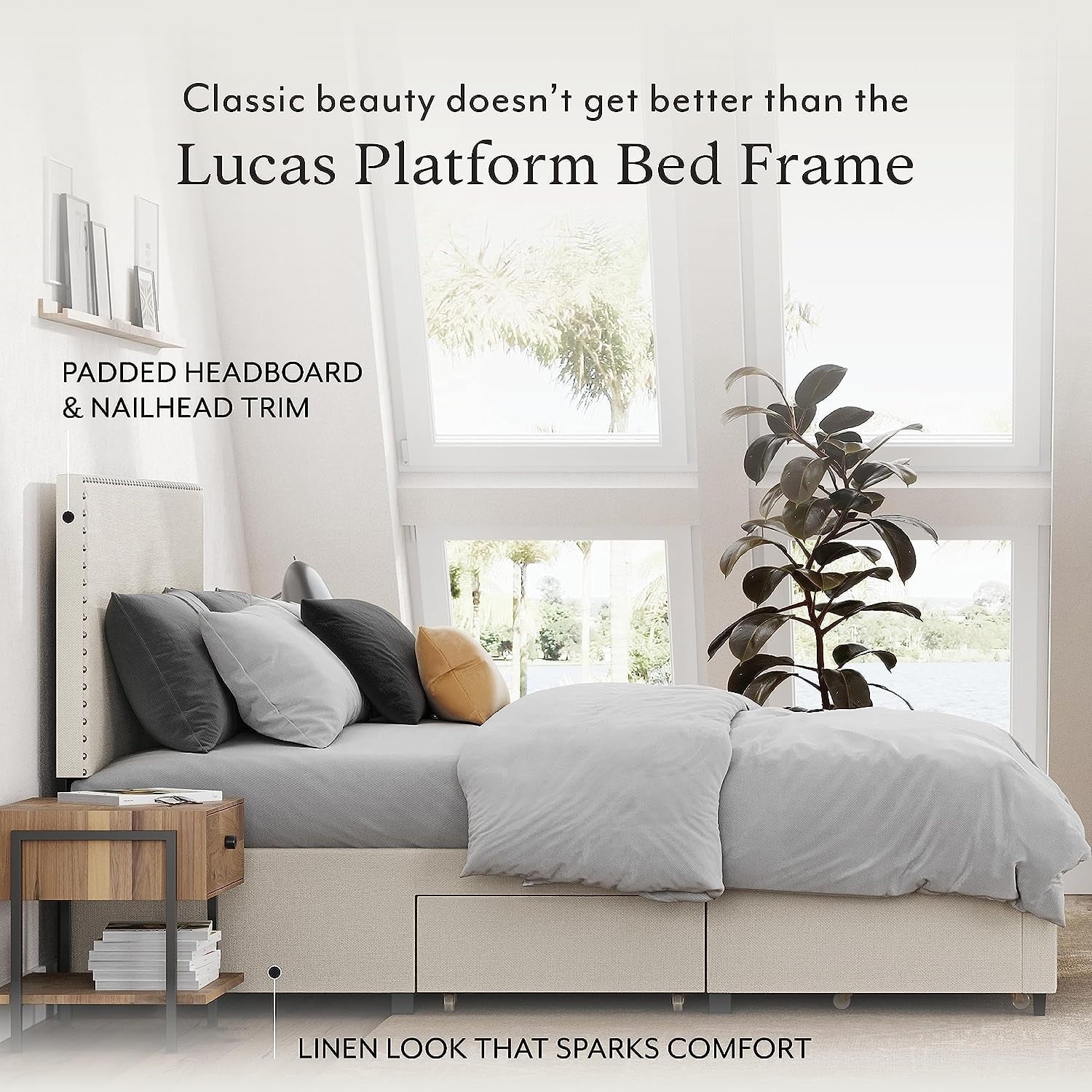 DG Casa Lucas Nailhead Trim Upholstered Platform Bed Frame with Storage, Queen Size, Beige