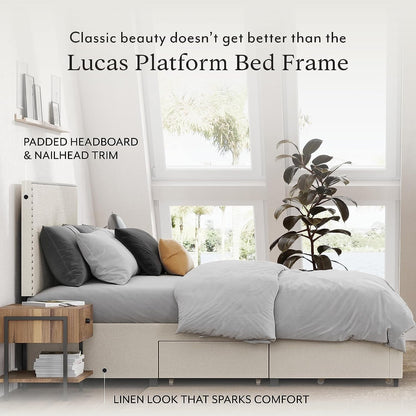 DG Casa Lucas Nailhead Trim Upholstered Platform Bed Frame with Storage, Queen Size, Beige