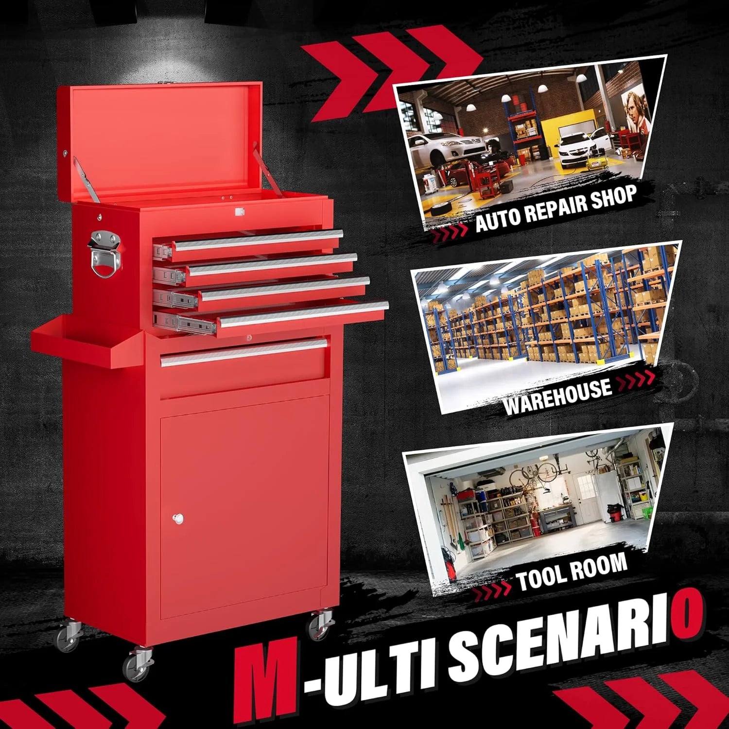 SOLAURA 5-Drawer Rolling Tool Chest Cabinet Metal Tool Storage Box Lockable with Wheels, Red