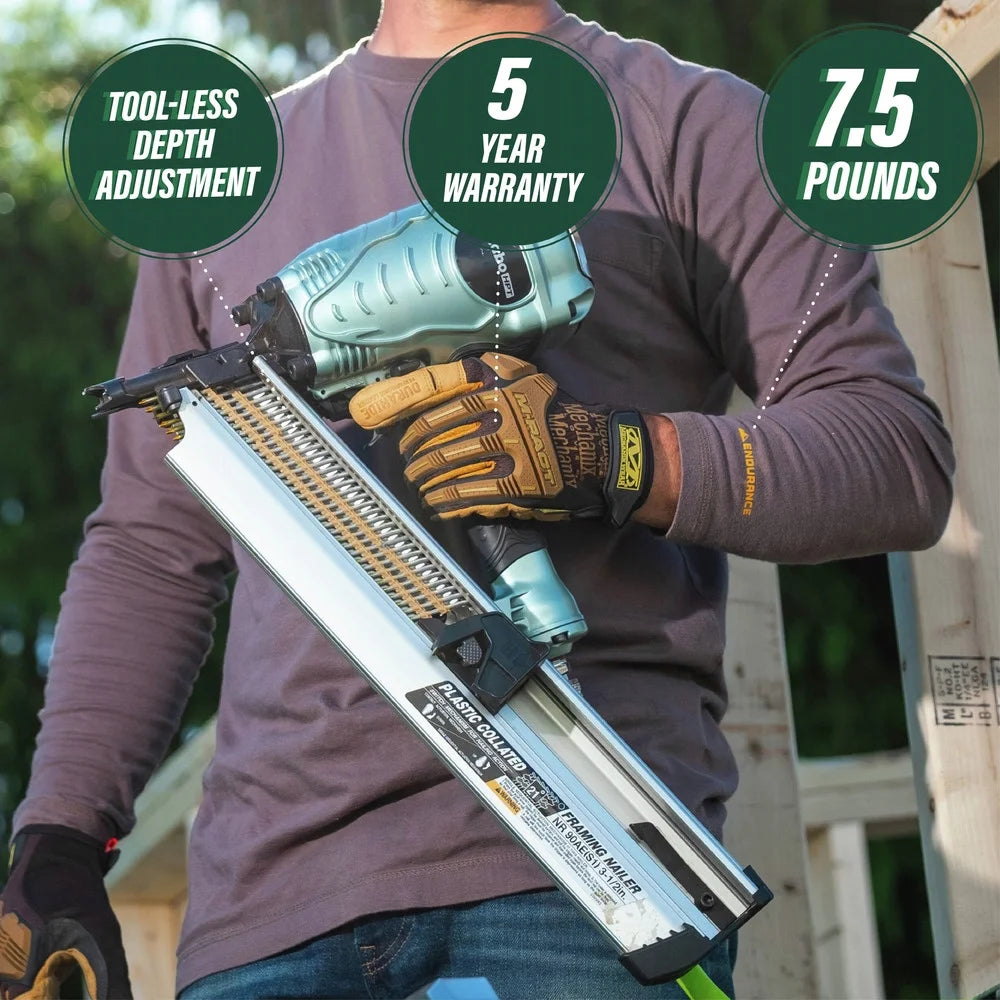 Metabo HPT Framing Nailer, Pro Preferred Brand of Pneumatic Nailers, 21 Degree Magazine, Accepts 2-Inch to 3-1/2-Inch Plastic Collated Nails, Ideal for Framing, Flooring, & Roof Decking, NR90AES1