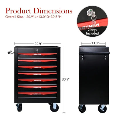 POVANLI 7 Drawer Portable Tool Box With Wheels,20" Tool Chest With Key Locking Tool Boxes/Organizers Black& Red
