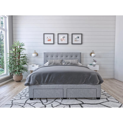 DG Casa Benjamin Upholstered Platform Bed Frame with Storage Drawers Square Tufted Headboard and Full Wooden Slats, Box Spring Not Required - Queen Size in Grey Polyester Blend Fabric