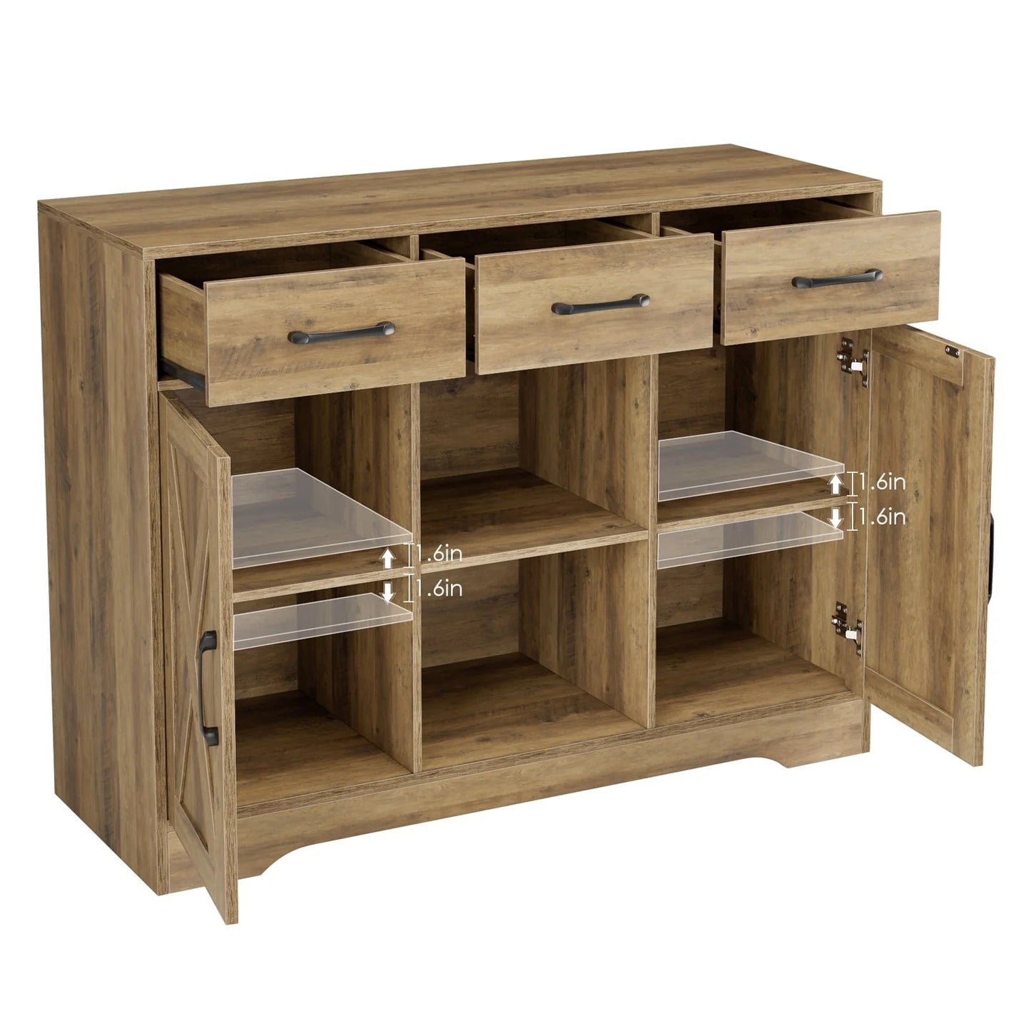 Homfa 41.7'' Wide 3 Drawer Brown Wood Sideboard, 3 Drawer Kitchen Buffet with 2 Doors, Storage Cabinet with 2-Tier Adjustable Shelves for Living Room