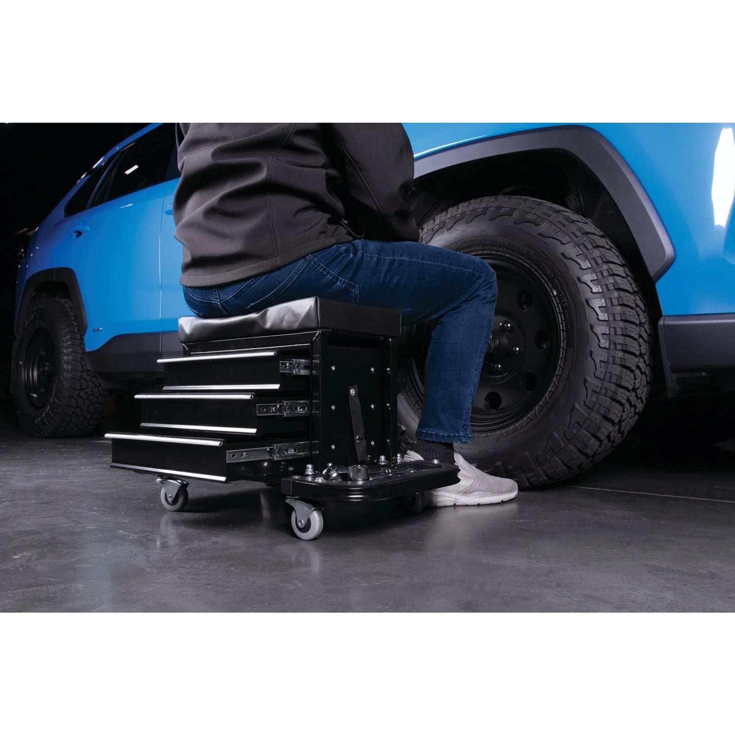 Performance Tool W85025 3-Drawer Rolling Tool Chest Seat with Magnetic Side Trays, 350 Lbs. Capacity, Rear Tray, Black
