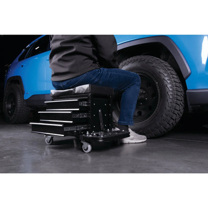 Performance Tool W85025 3-Drawer Rolling Tool Chest Seat with Magnetic Side Trays, 350 Lbs. Capacity, Rear Tray, Black
