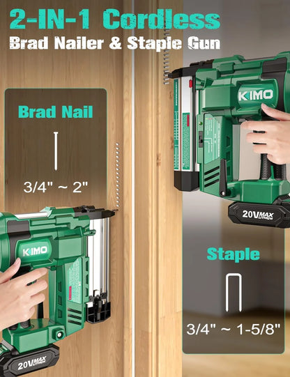 KIMO 18 Gauge Nail Gun Cordless with 20V Battery 2.0Ah X 2, 1000pcs Nails and Staples, 2 Firing Modes, 180 Nails/min, Adjustable Nailing Depth, 2 in 1 Cordless Brad Nailer and Stapler for DIY Project