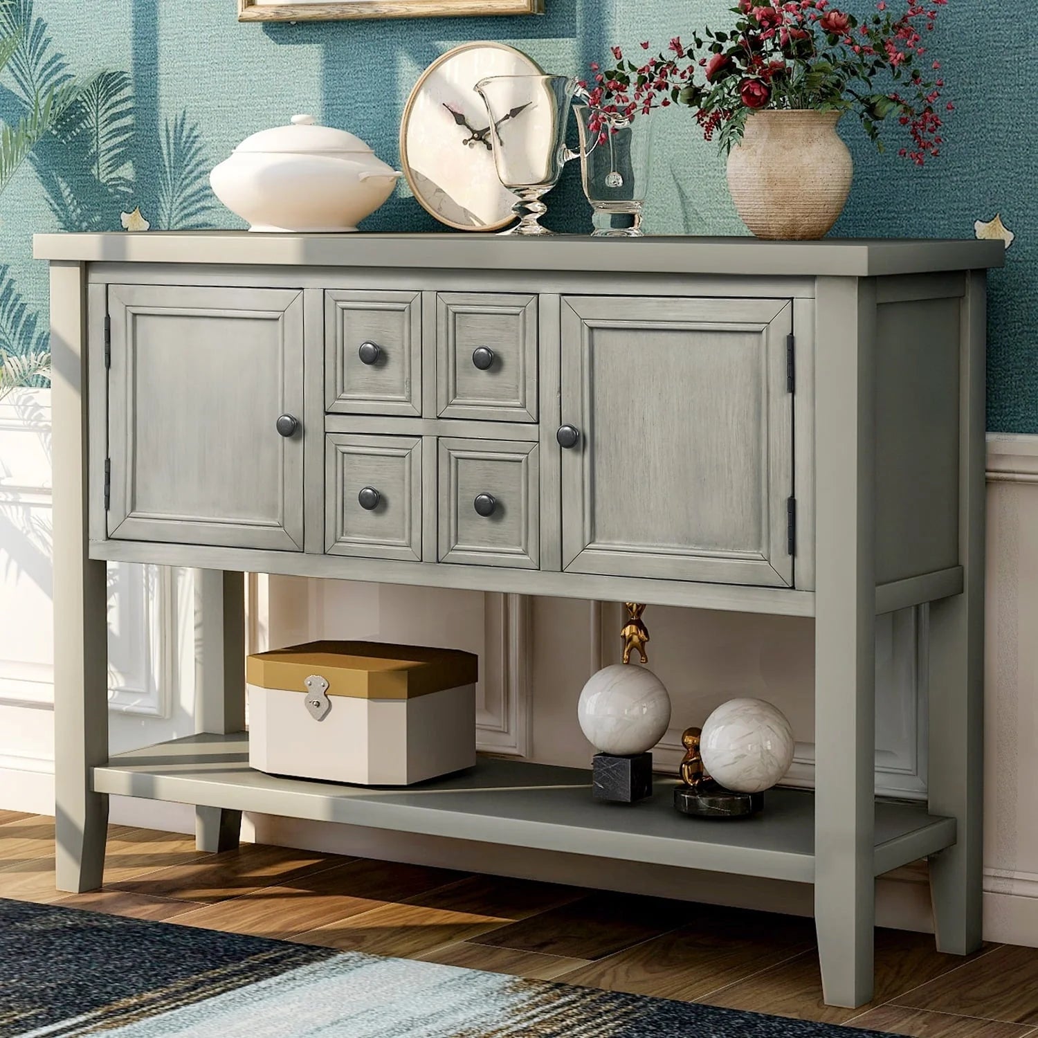 Buffet Sideboard, 46" Dining Room Console Table with 4 Storage Drawers, 2 Cabinets, 1 Bottom Shelf, Antique Grey, Q3687