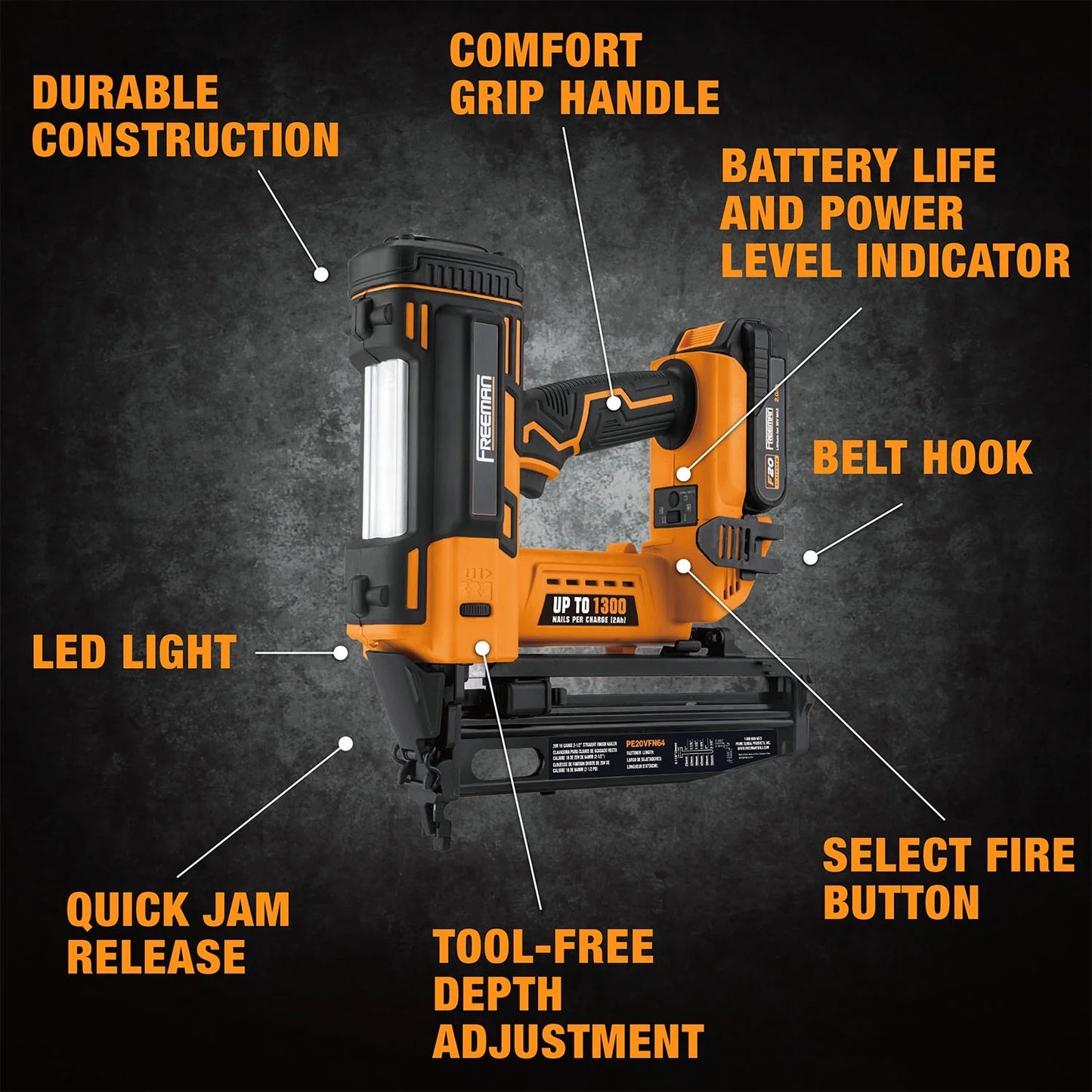 Freeman PE20VFN64 20 Volt Cordless 16-Gauge 2-1/2" Straight Finish Nailer Kit with Lithium Ion Battery, Charger, Bag, and Nails (200 Count) - 1300 Shots per Charge
