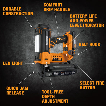 Freeman PE20VFN64 20 Volt Cordless 16-Gauge 2-1/2" Straight Finish Nailer Kit with Lithium Ion Battery, Charger, Bag, and Nails (200 Count) - 1300 Shots per Charge