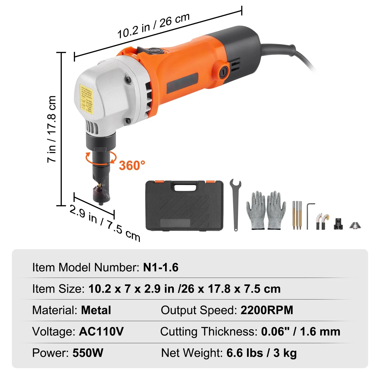 KFFKFF Sheet Metal Nibbler, 550W Powerful 2200 RPM High Speed, 360 Degree Rotation Electric Nibbler Metal Cutter, Straight Curve and Circle Cutting for Stainless Steel, Aluminum, Plastic