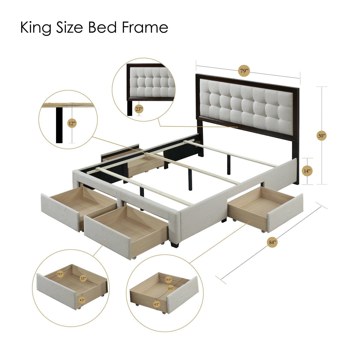 DG Casa Soloman Upholstered Panel Bed Frame with Storage Drawers and Wood Trim Tufted Headboard, King Size in Beige Linen Style Fabric...