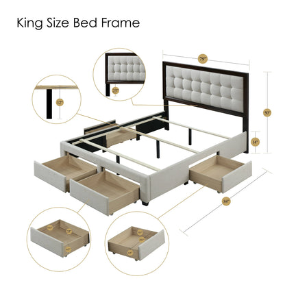 DG Casa Soloman Upholstered Panel Bed Frame with Storage Drawers and Wood Trim Tufted Headboard, King Size in Beige Linen Style Fabric...
