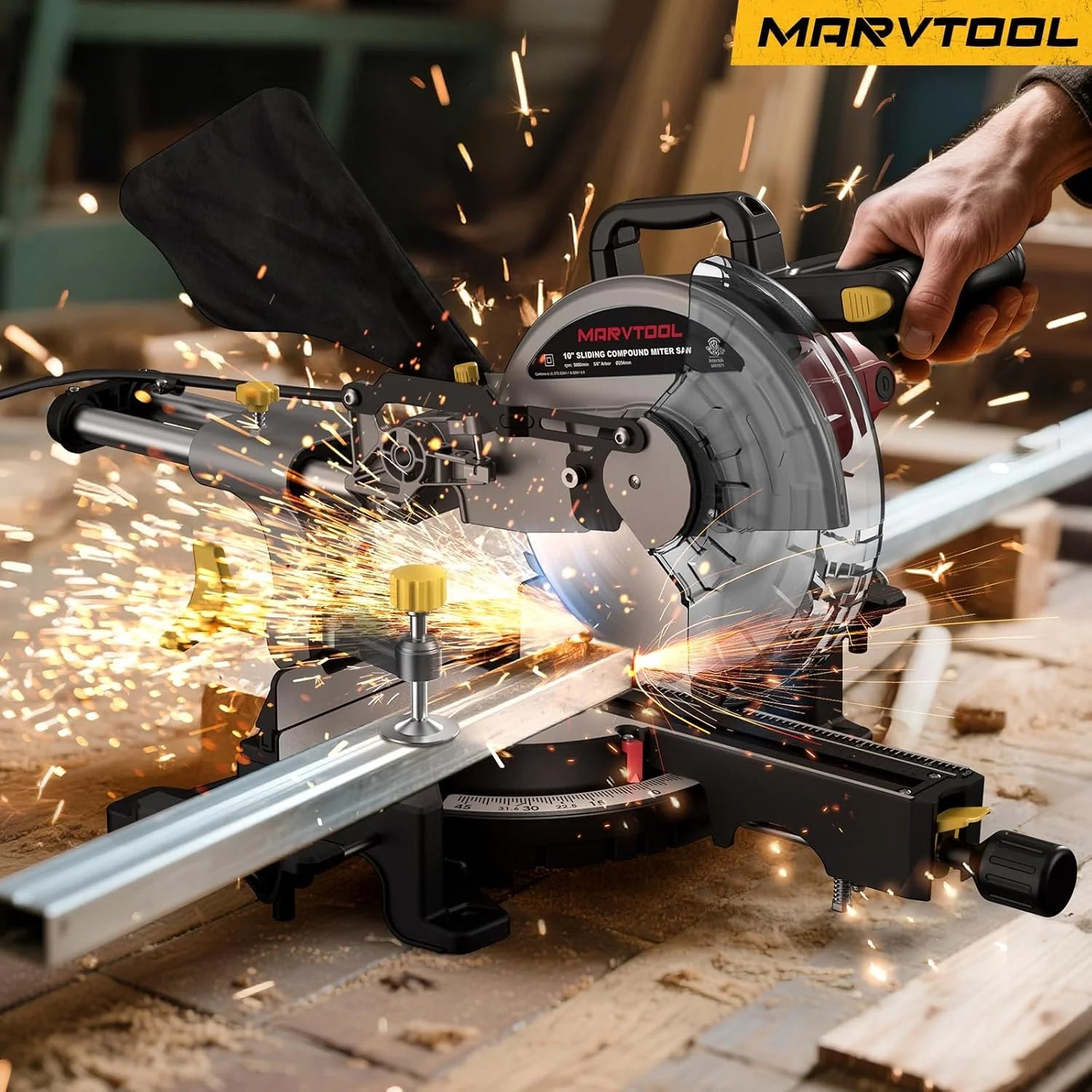 MarvTool 10-inch Sliding Compound Miter Saw Single Bevel 0-45? with Extension Table 36T Blade