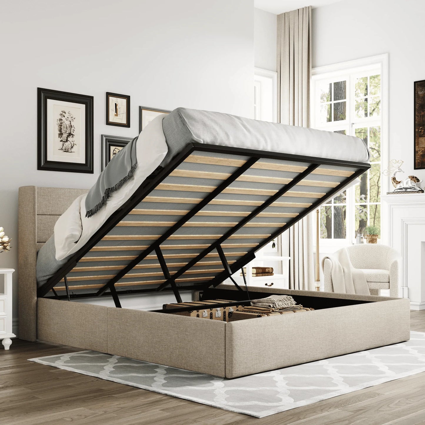 Einfach King Size Lift up Storage Bed with Wingbacks and Horizontal Channel Headboard, Beige