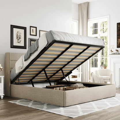 Einfach King Size Lift up Storage Bed with Wingbacks and Horizontal Channel Headboard, Beige