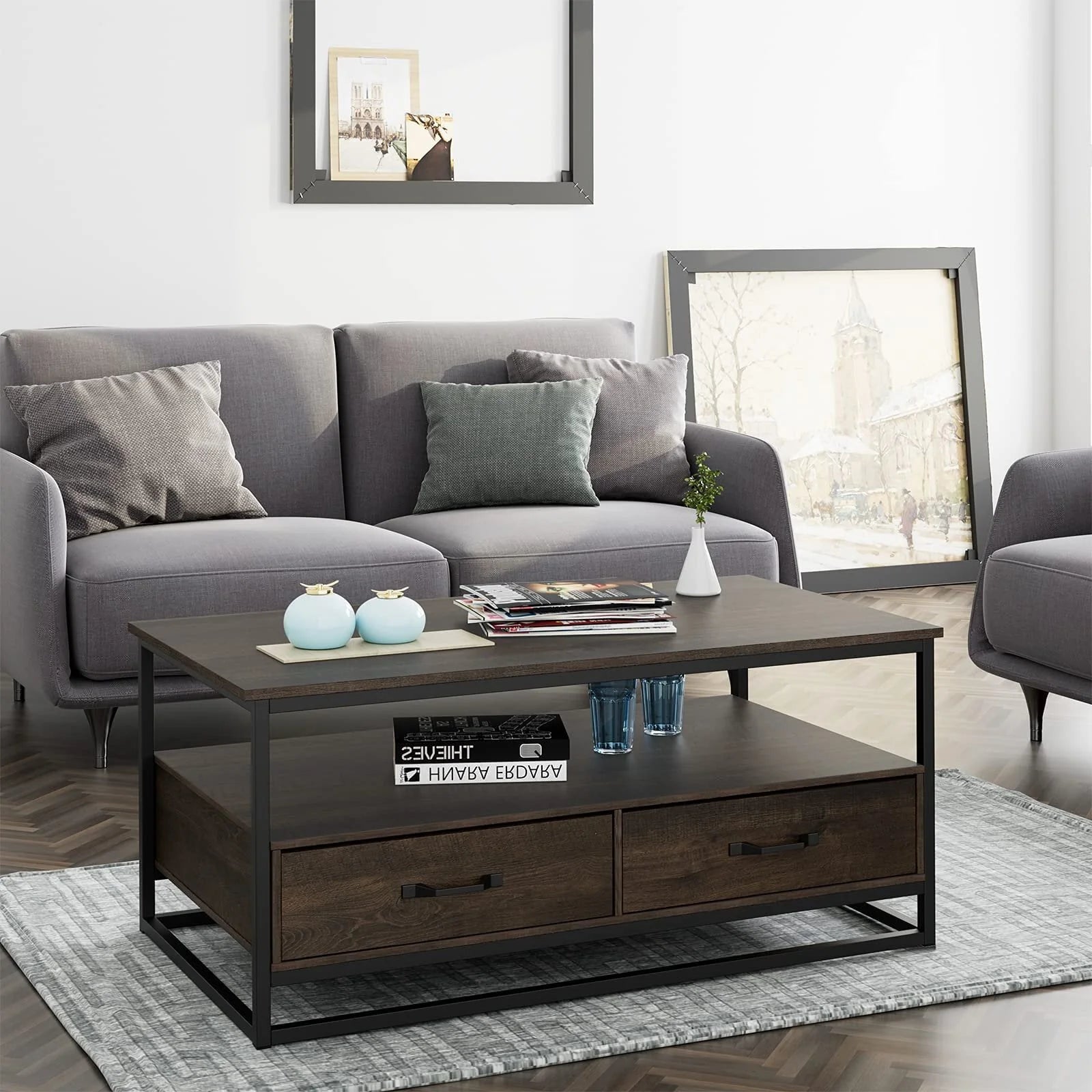 Homfa 43" Coffee Table with Storage Drawers, Wooden TV Stand Center Table for Living Room, Dark Brown
