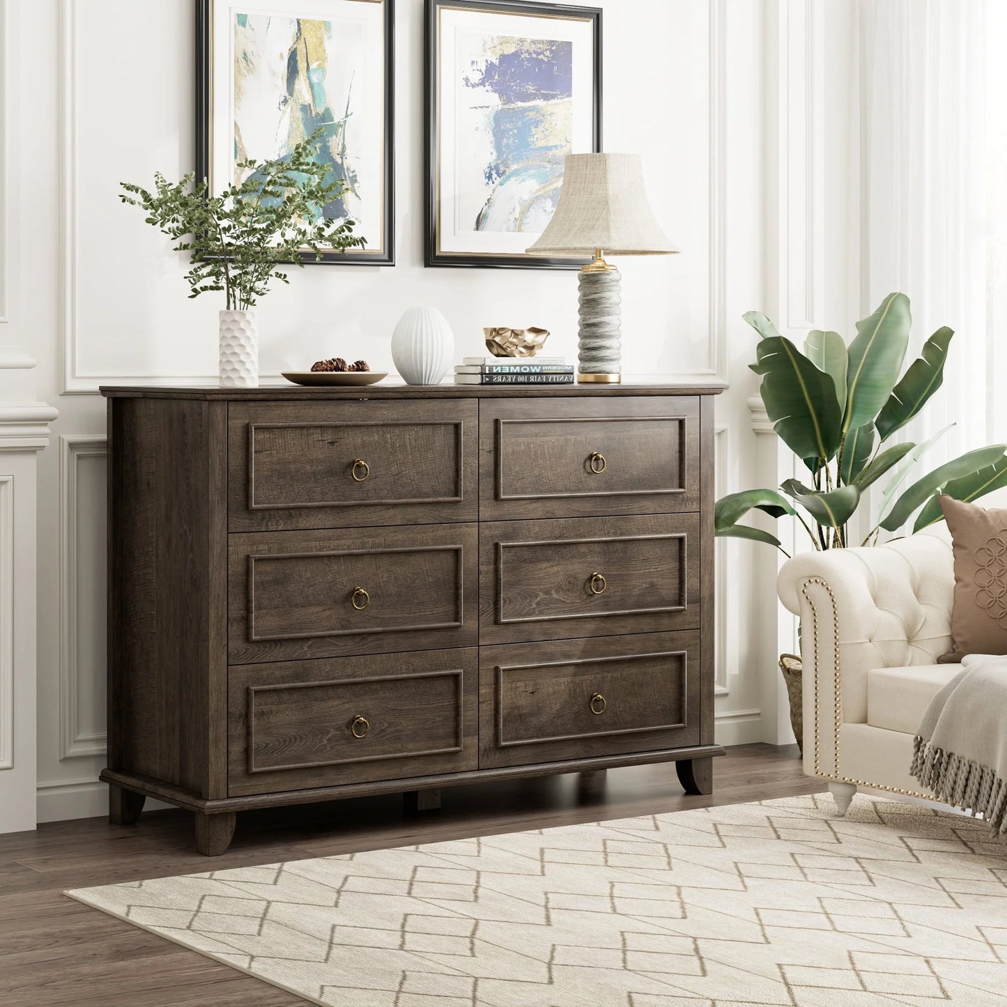 Homfa 6 Drawers Double Dresser, 47'' Wide Storage Cabinet Chest of Drawer for Bedroom Living Room, White