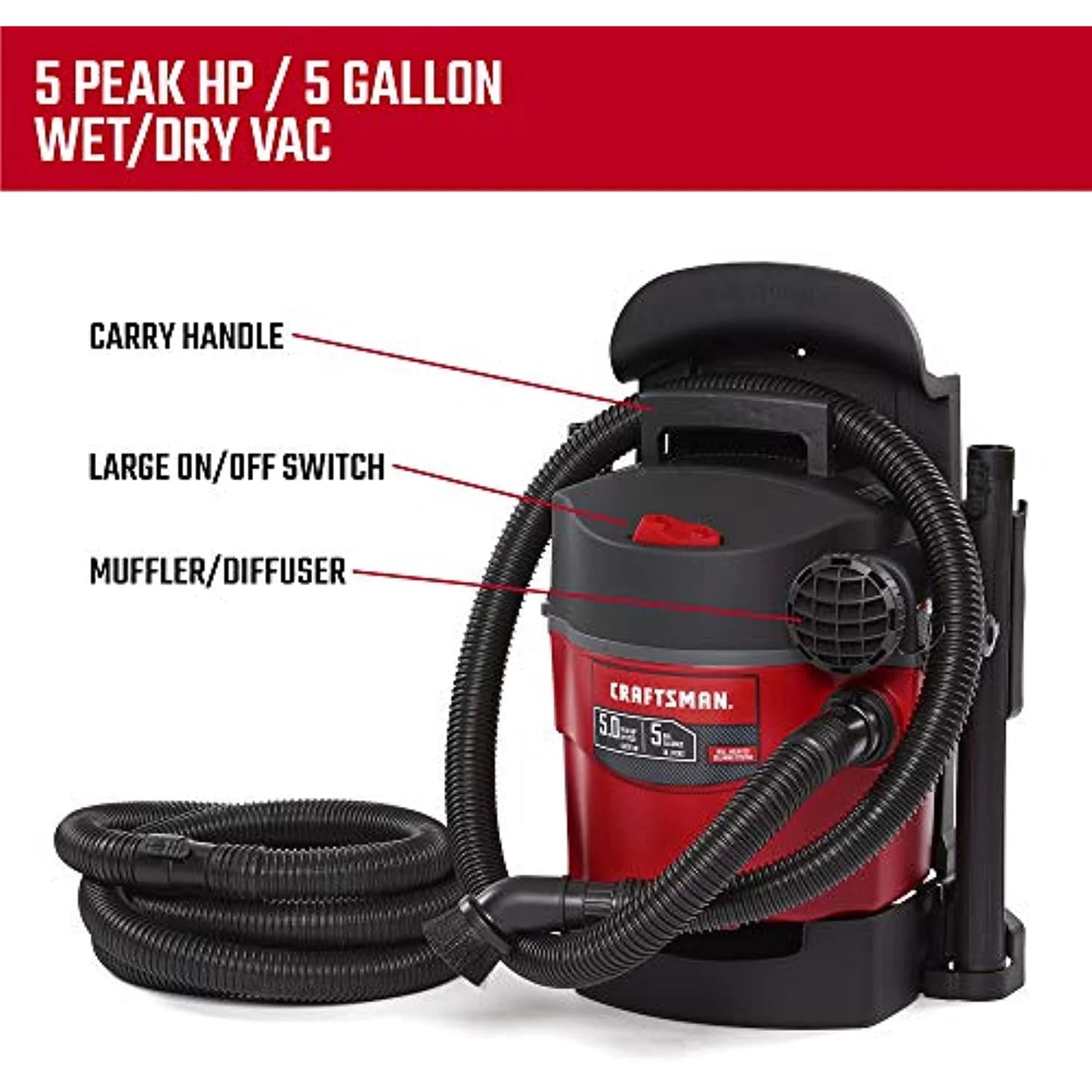 Craftsman 5 gal. Corded Wet/Dry Vacuum 5 hp 5 amps 120 volts Red 25 lb. 1 pc.