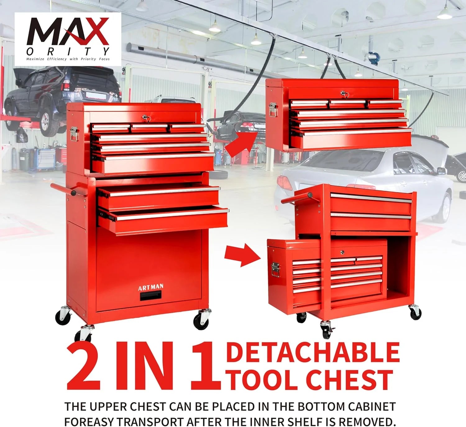 8-Drawer Rolling Tool Chest with Lockable Wheels, Sliding Drawers, Detachable Top & Adjustable Shelf