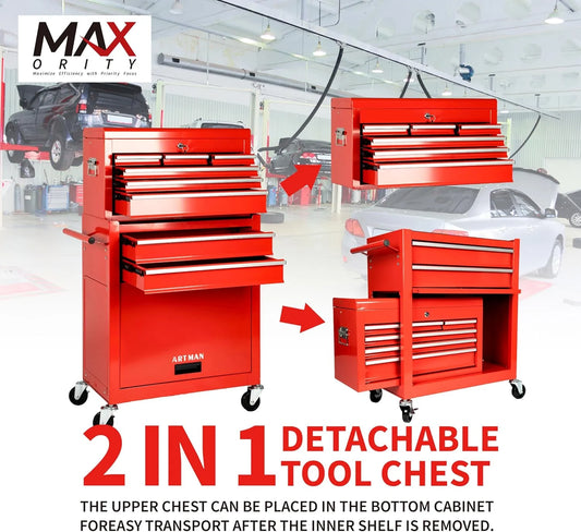8-Drawer Rolling Tool Chest with Lockable Wheels, Sliding Drawers, Detachable Top & Adjustable Shelf