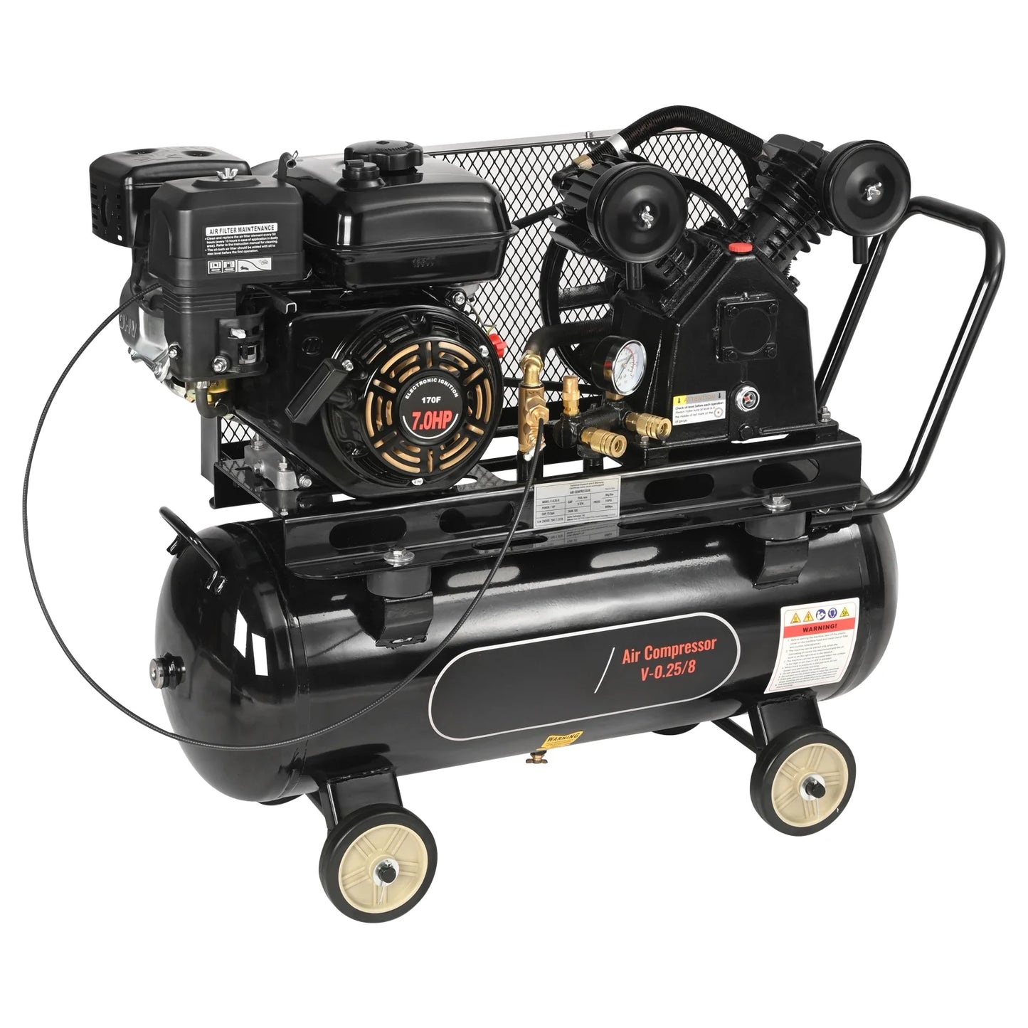 KFFKFF Gas Air Compressor with 7HP Engine, 13.2 Gallon Horizontal Tank, Delivers 9CFM at 115PSI, Gas-Driven Piston Pump, Max 115PSI, Perfect for Job Sites and Workshops