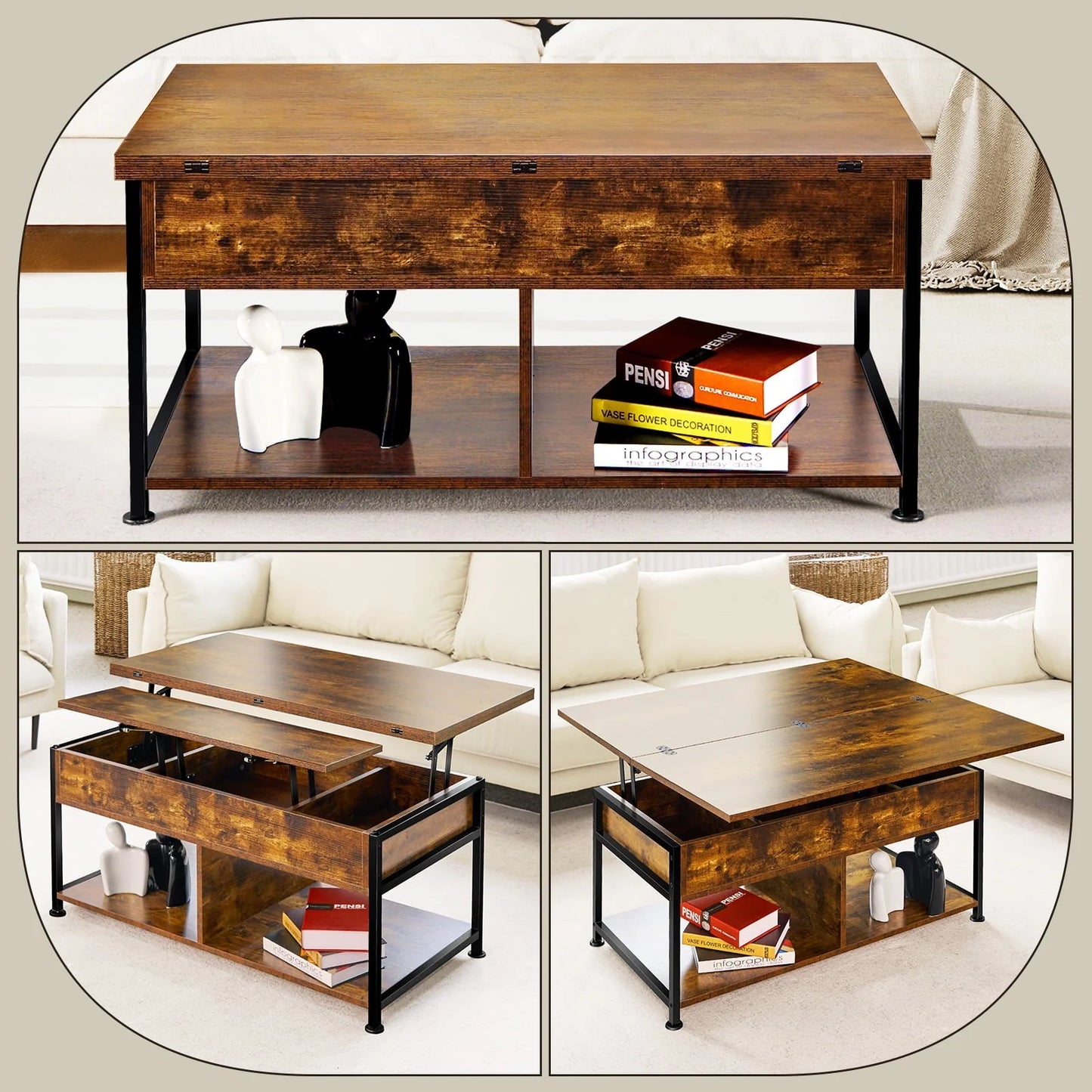 MONVANE 40" Lift Top Coffee Table with Storage for Living Room, Rustic Brown