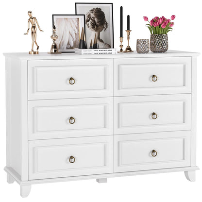 Homfa 6 Drawers Double Dresser, 47'' Wide Storage Cabinet Chest of Drawer for Bedroom Living Room, White