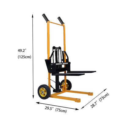 Small Manual Forklift Hydraulic Stacker, Portable Material Lift Truck with Adjustable Forks and Fixed Legs, 440 Lbs Straight Wheel Stacker Truck (Without Pallets)